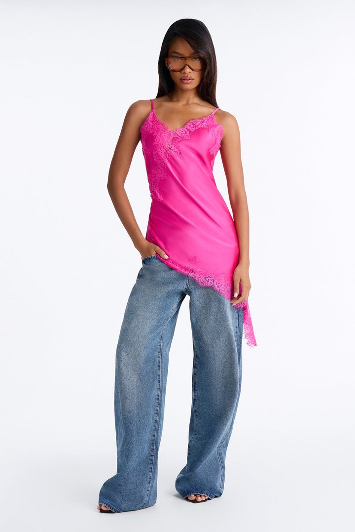 Taste Of Trouble Lace Trim Satin Top - Fuchsia