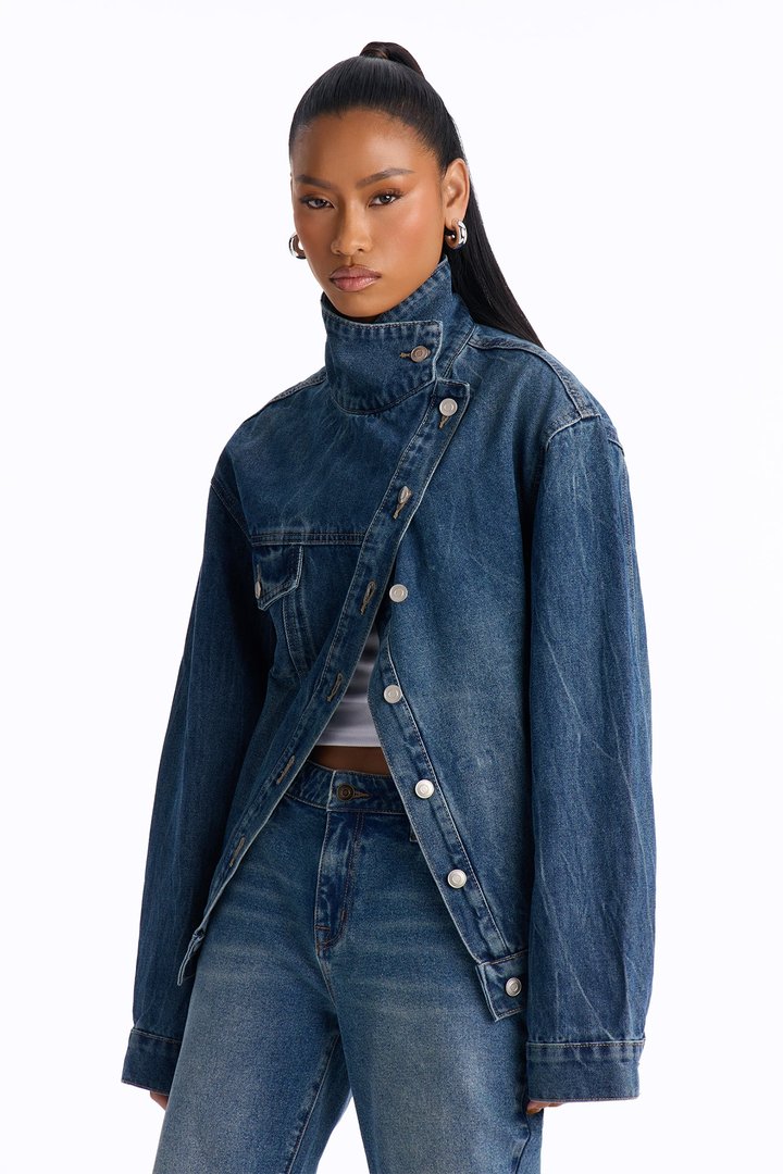 Elora Crossover Funnel Neck Denim Trucker Jacket - Dark Wash