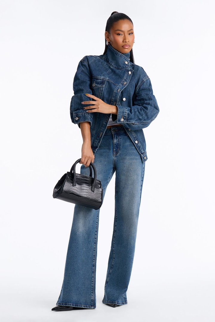 Elora Crossover Funnel Neck Denim Trucker Jacket - Dark Wash