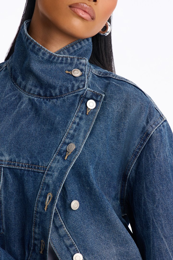 Elora Crossover Funnel Neck Denim Trucker Jacket - Dark Wash