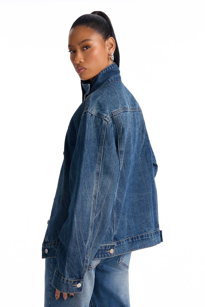 Elora Crossover Funnel Neck Denim Trucker Jacket - Dark Wash