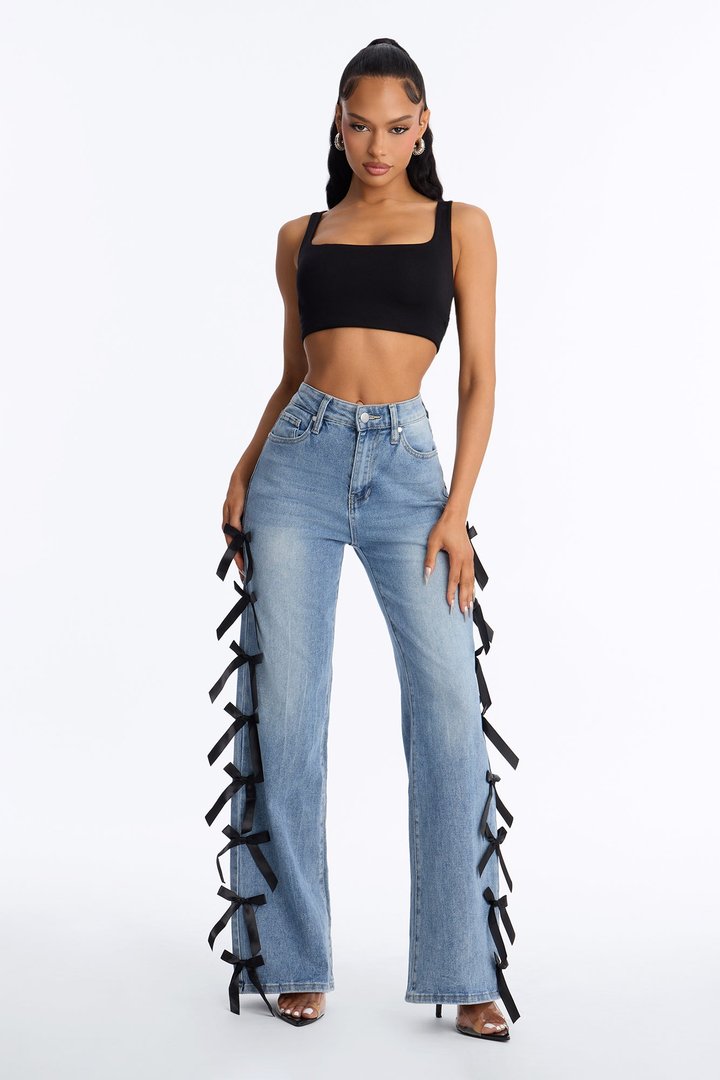 Just a Girl High Rise Bow Accent Stretch Straight Leg Jeans - Medium Wash