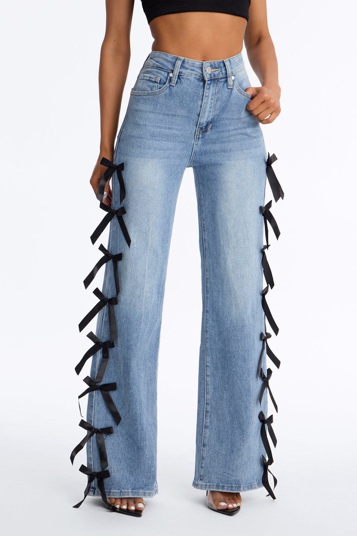 Just a Girl High Rise Bow Accent Stretch Straight Leg Jeans - Medium Wash