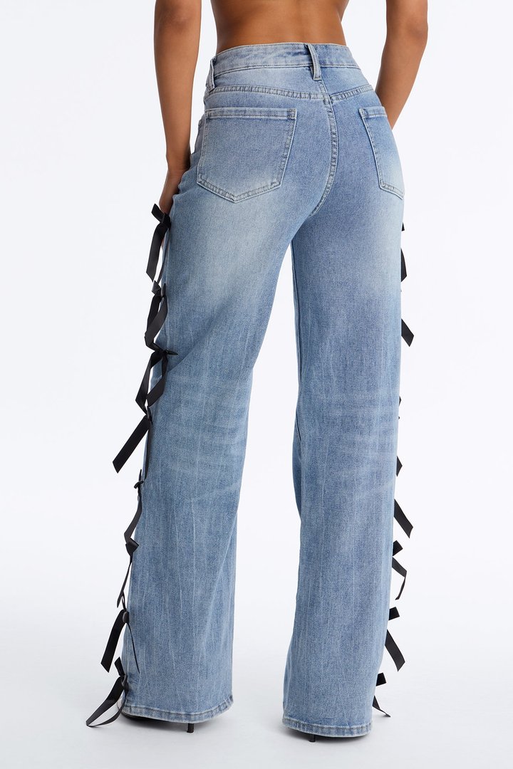 Just a Girl High Rise Bow Accent Stretch Straight Leg Jeans - Medium Wash