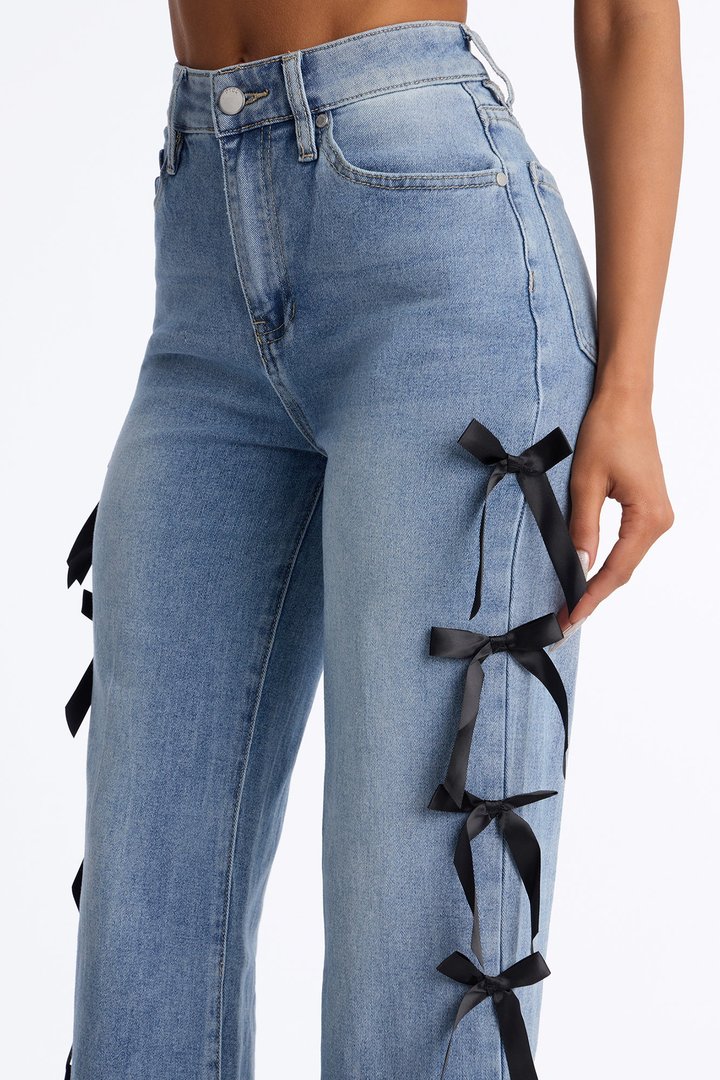 Just a Girl High Rise Bow Accent Stretch Straight Leg Jeans - Medium Wash
