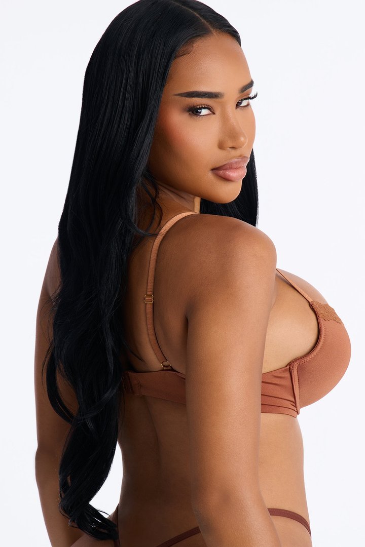 Shiny Finish Microfiber Lace Trim Push Up Bra - Brown/combo
