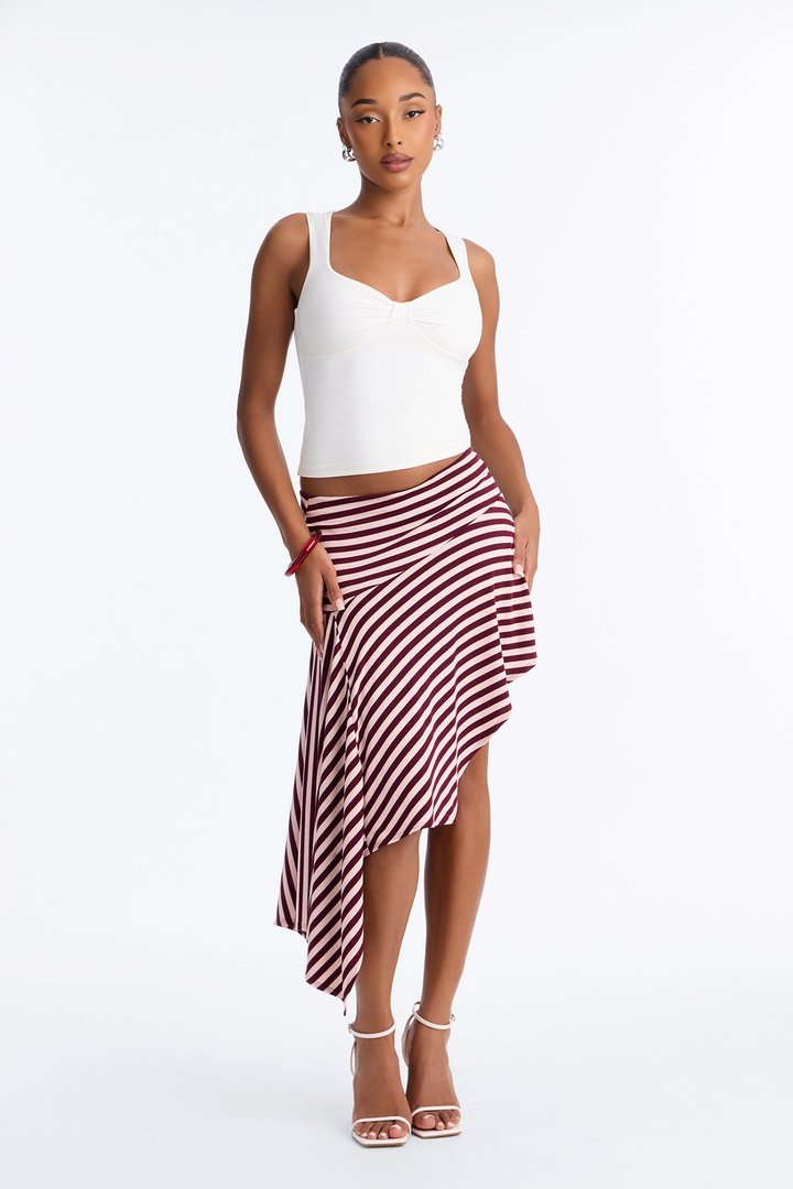 Mischa Striped Asymmetrical Midi Skirt - Burgundy/combo