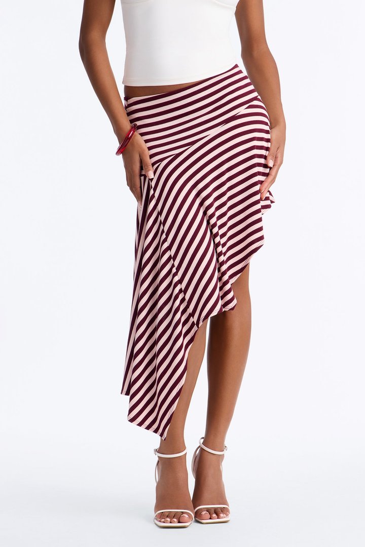 Mischa Striped Asymmetrical Midi Skirt - Burgundy/combo