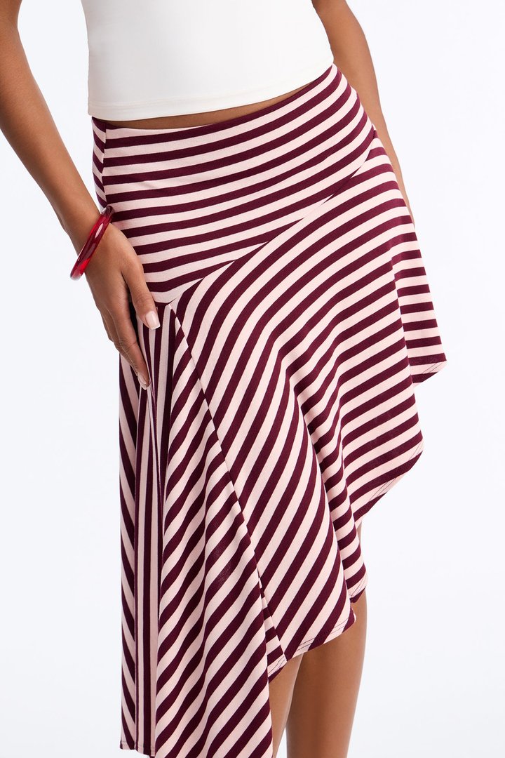 Mischa Striped Asymmetrical Midi Skirt - Burgundy/combo