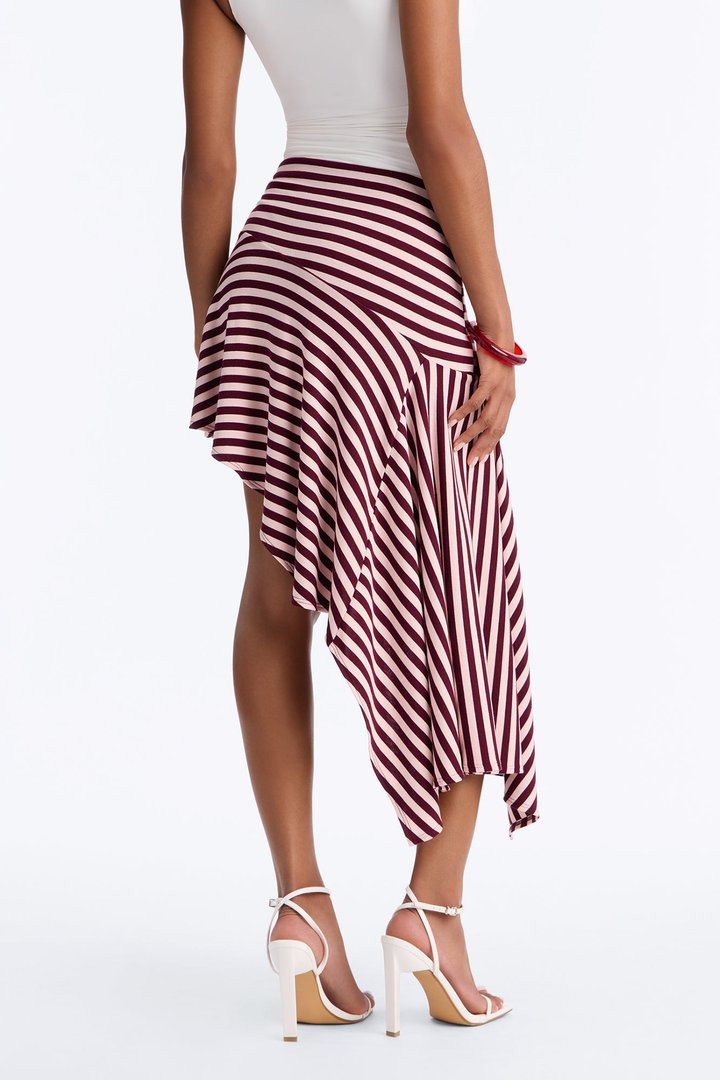 Mischa Striped Asymmetrical Midi Skirt - Burgundy/combo