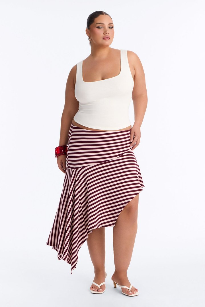 Mischa Striped Asymmetrical Midi Skirt - Burgundy/combo