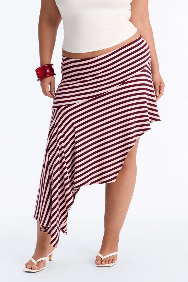 Mischa Striped Asymmetrical Midi Skirt - Burgundy/combo