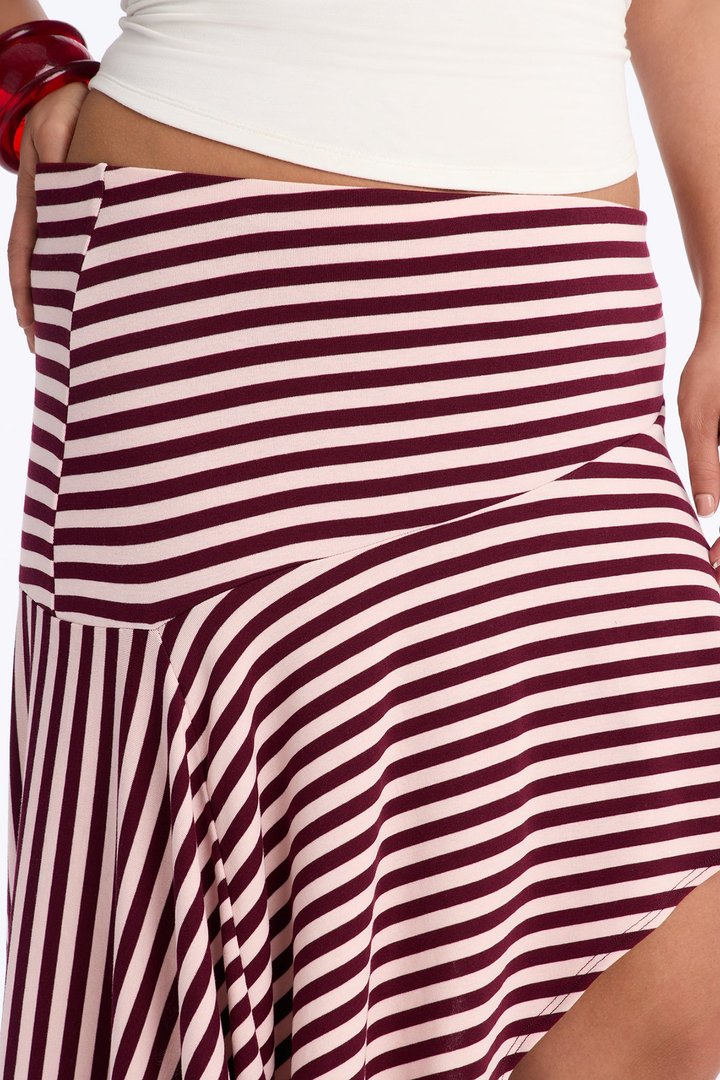 Mischa Striped Asymmetrical Midi Skirt - Burgundy/combo