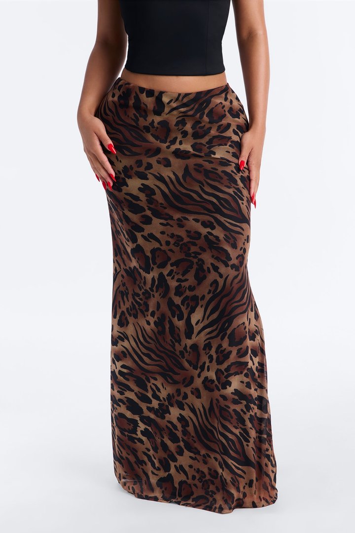 Ivanna Animal Print Mesh Maxi Skirt - Brown/combo