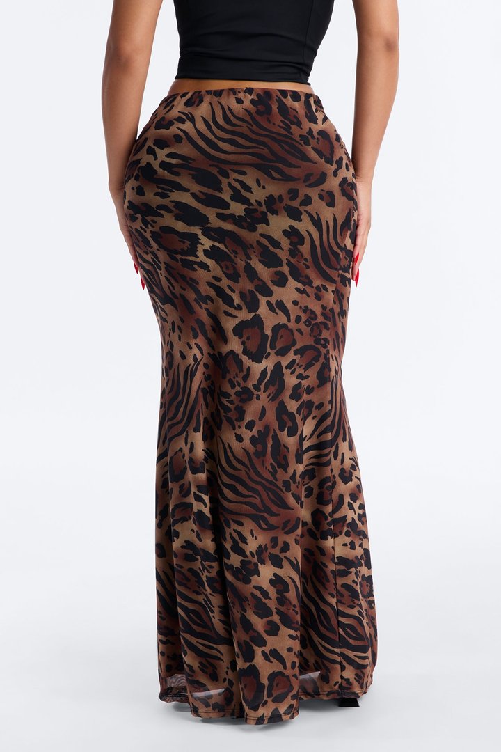 Ivanna Animal Print Mesh Maxi Skirt - Brown/combo