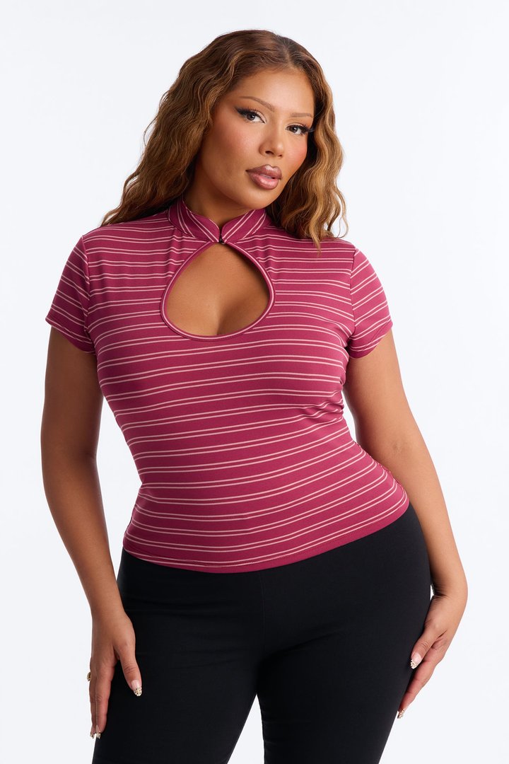 Lizzie Striped Mock Neck Short Sleeve Top - Burgundy/combo