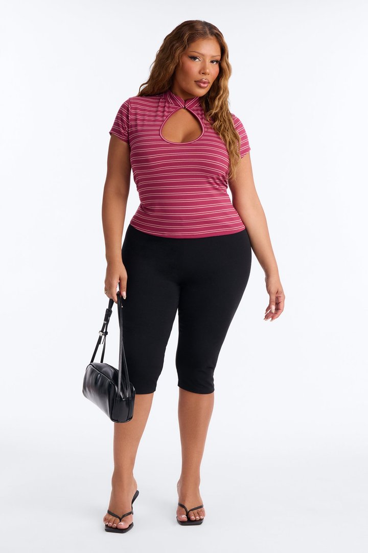 Lizzie Striped Mock Neck Short Sleeve Top - Burgundy/combo
