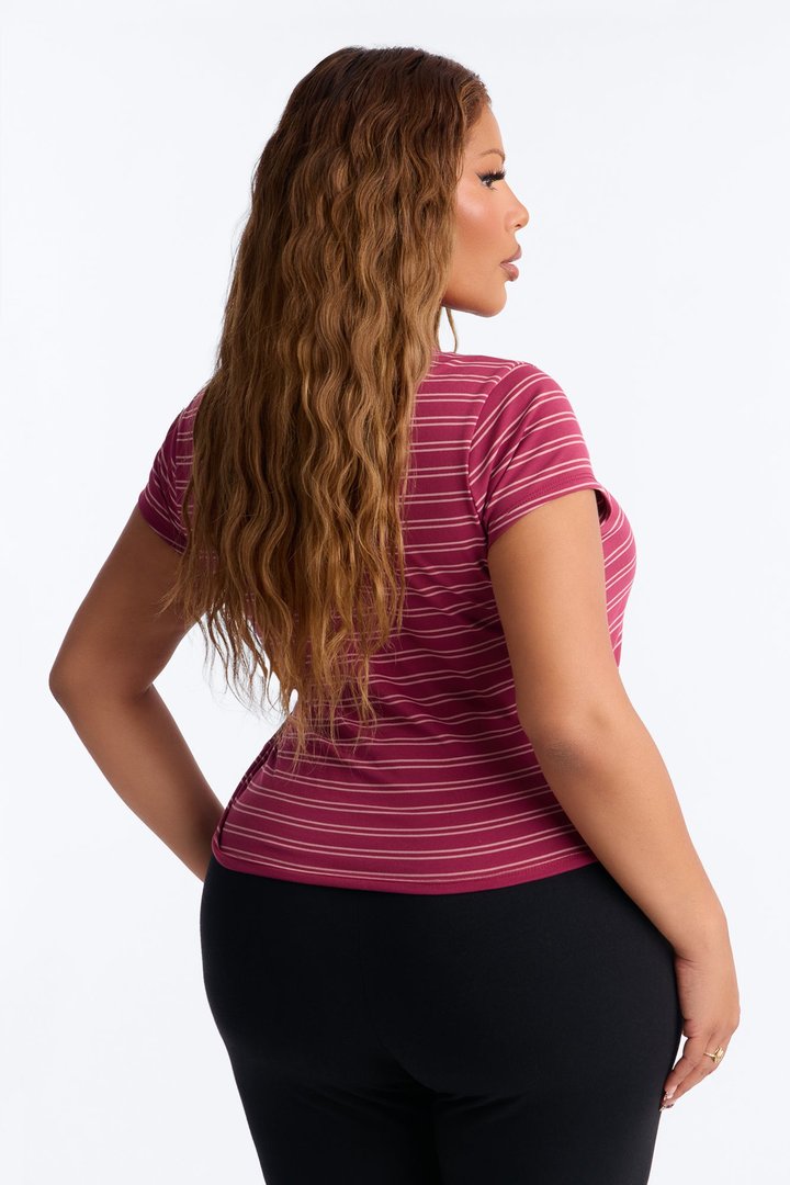 Lizzie Striped Mock Neck Short Sleeve Top - Burgundy/combo