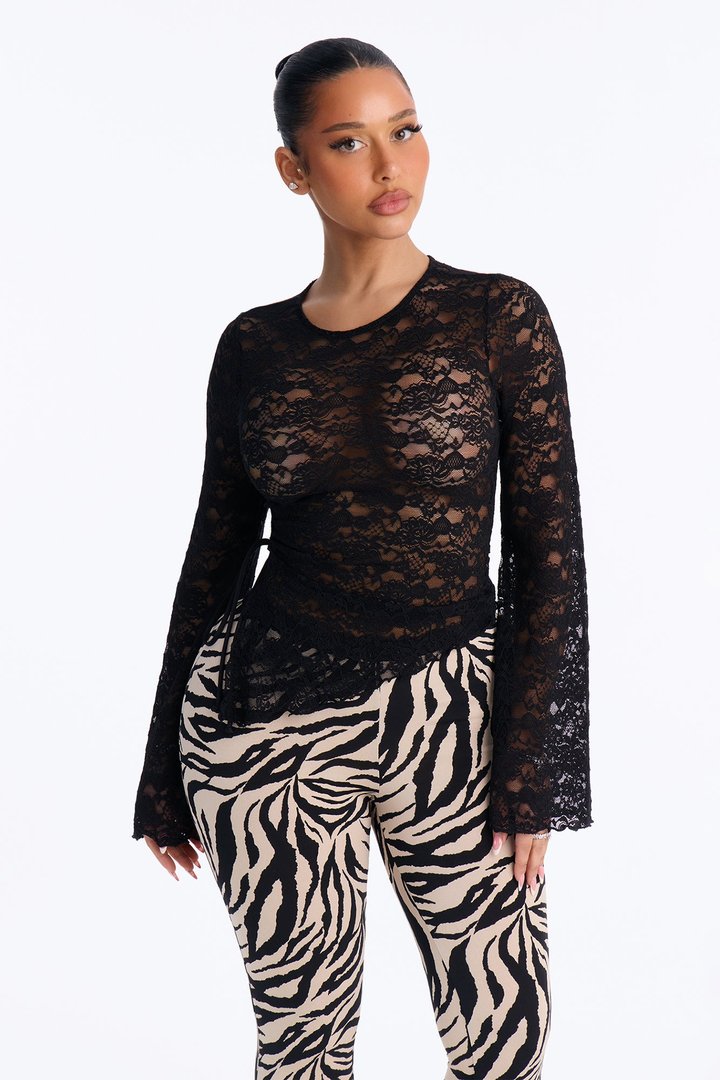 Kristina Lace Long Sleeve Asymmetrical Top - Black