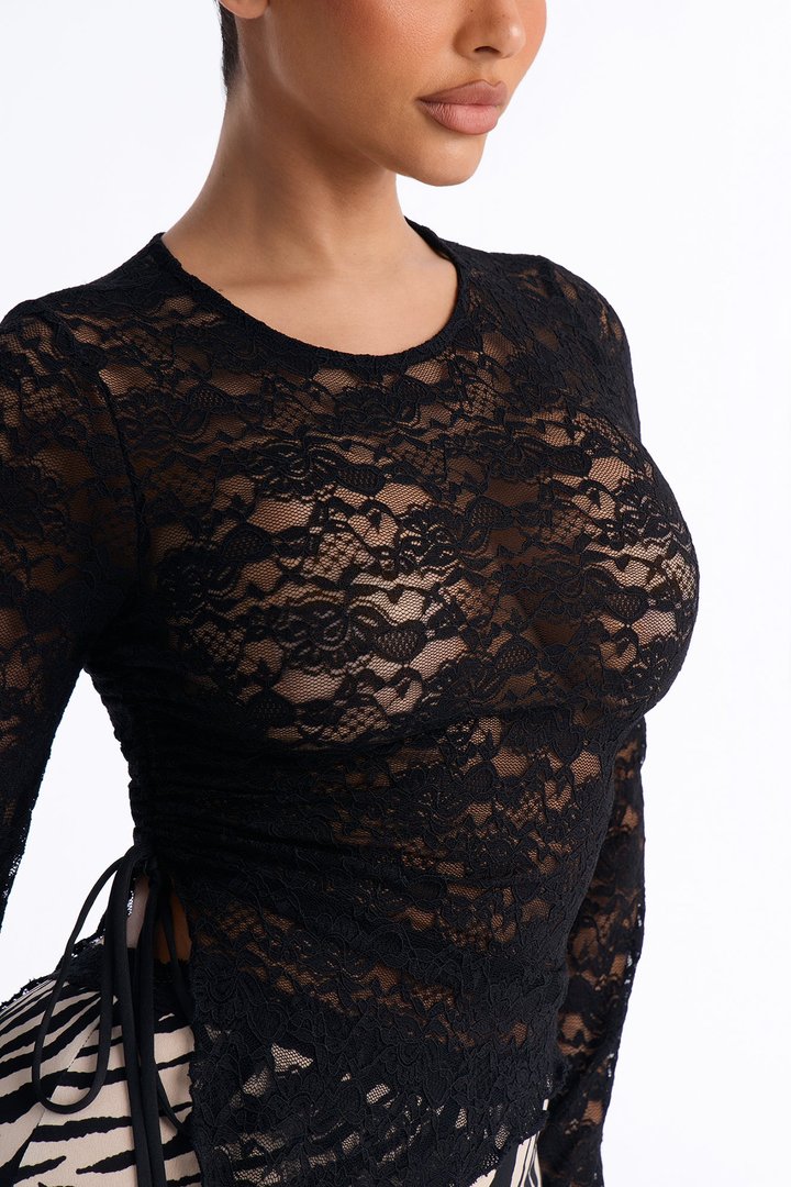 Kristina Lace Long Sleeve Asymmetrical Top - Black