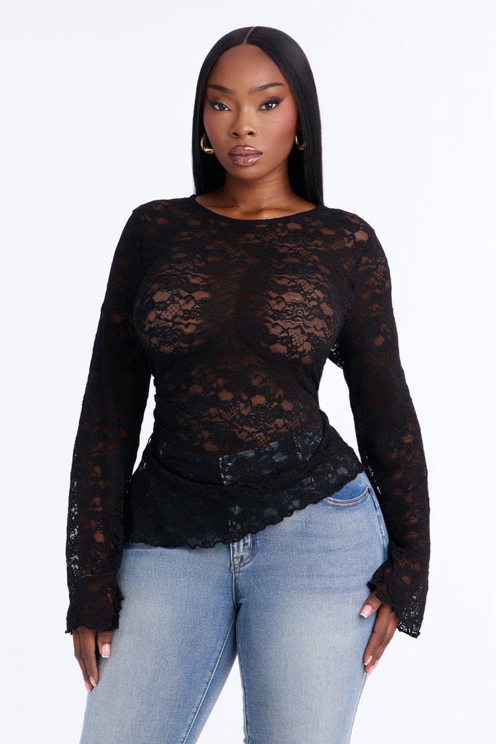 Kristina Lace Long Sleeve Asymmetrical Top - Black