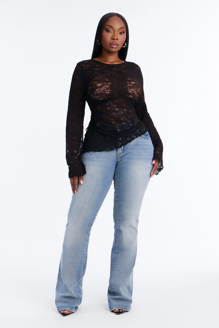 Kristina Lace Long Sleeve Asymmetrical Top - Black