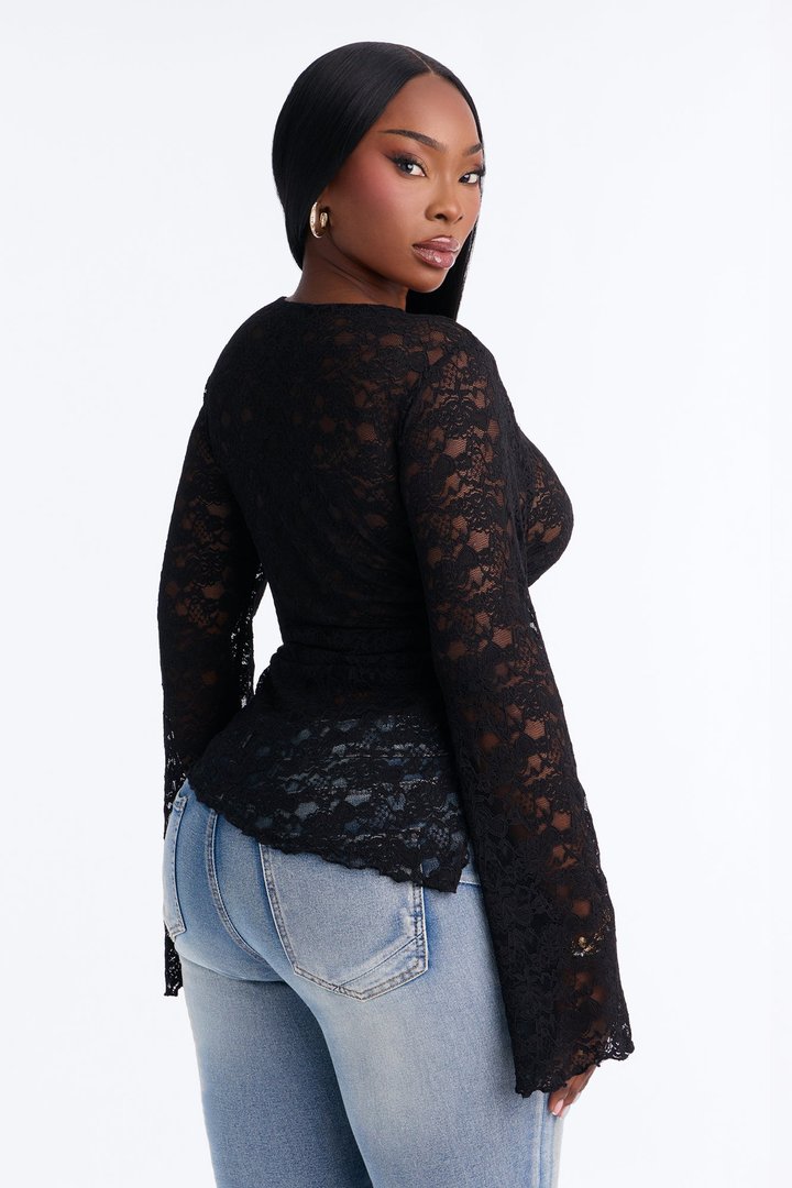 Kristina Lace Long Sleeve Asymmetrical Top - Black