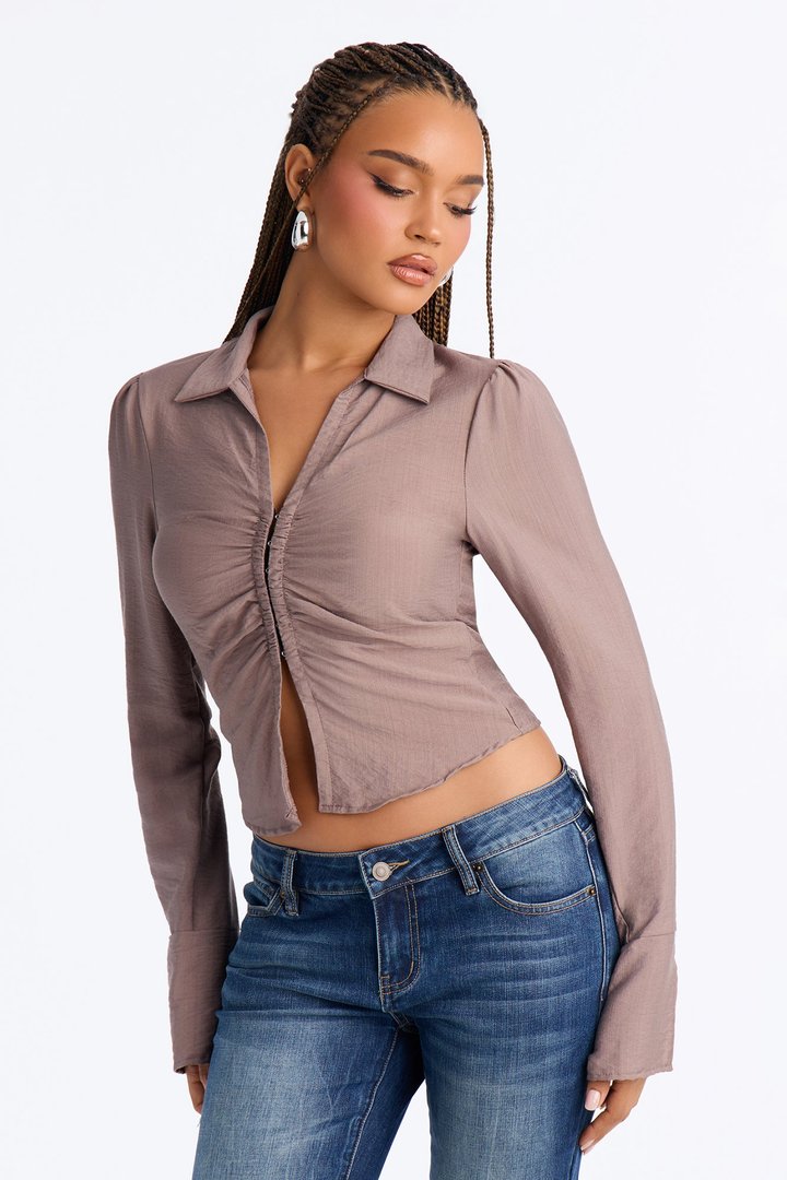 Make It Happen Ruched Linen Top - Brown