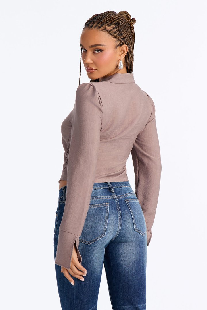 Make It Happen Ruched Linen Top - Brown