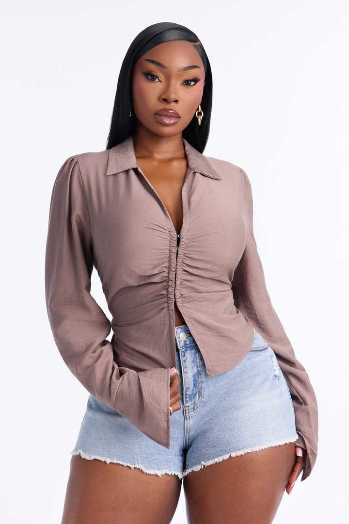 Make It Happen Ruched Linen Top - Brown