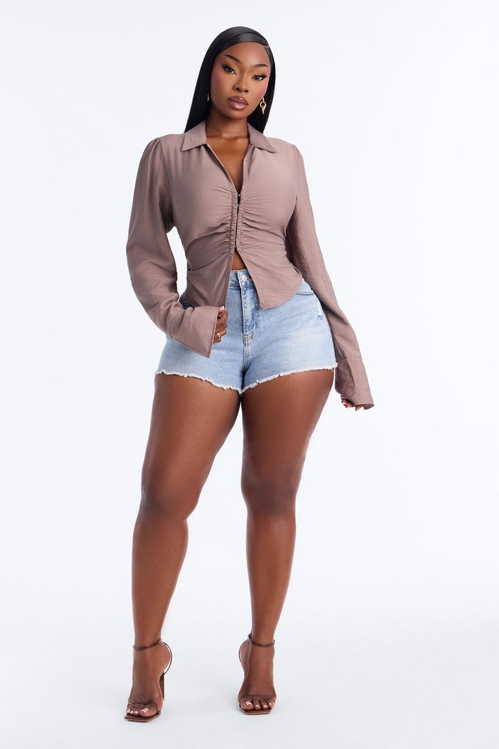 Make It Happen Ruched Linen Top - Brown
