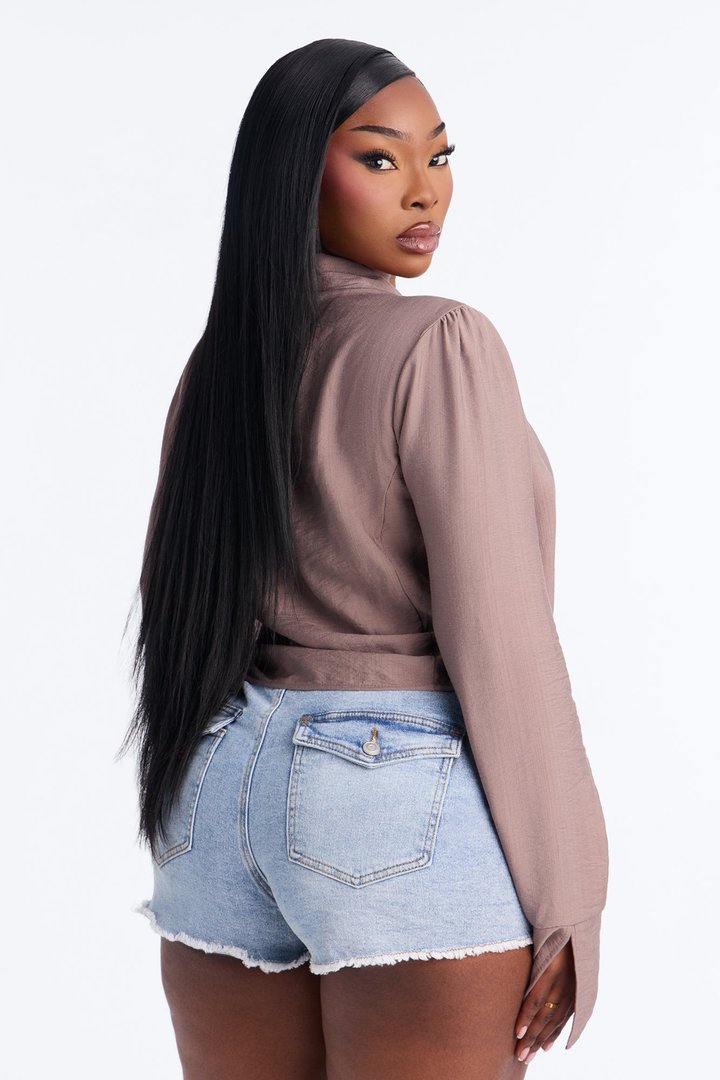 Make It Happen Ruched Linen Top - Brown