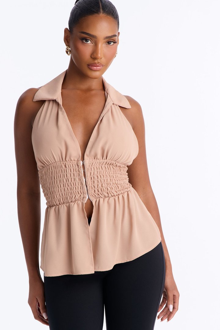 Shantel Backless Smocked Halter Top - Taupe