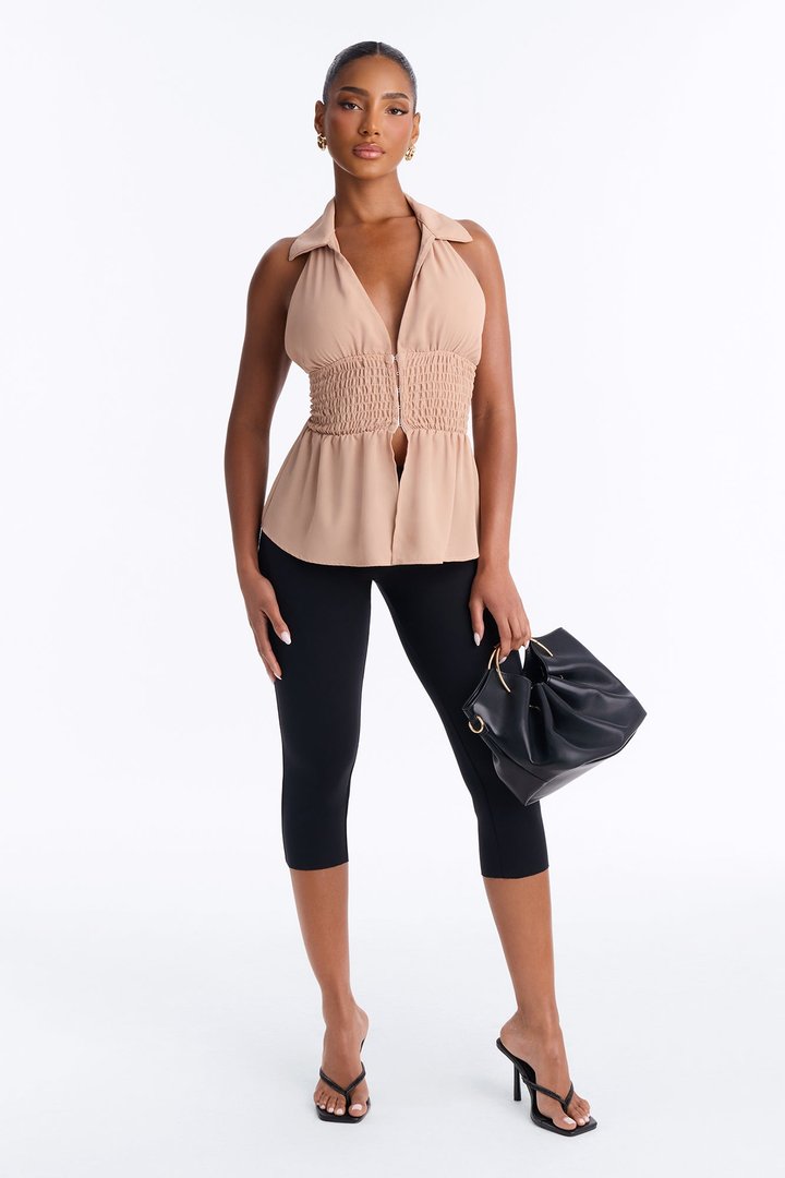 Shantel Backless Smocked Halter Top - Taupe