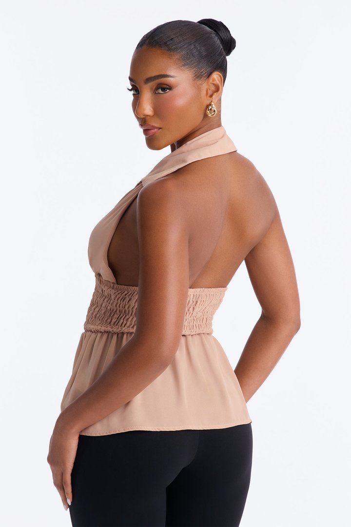 Shantel Backless Smocked Halter Top - Taupe