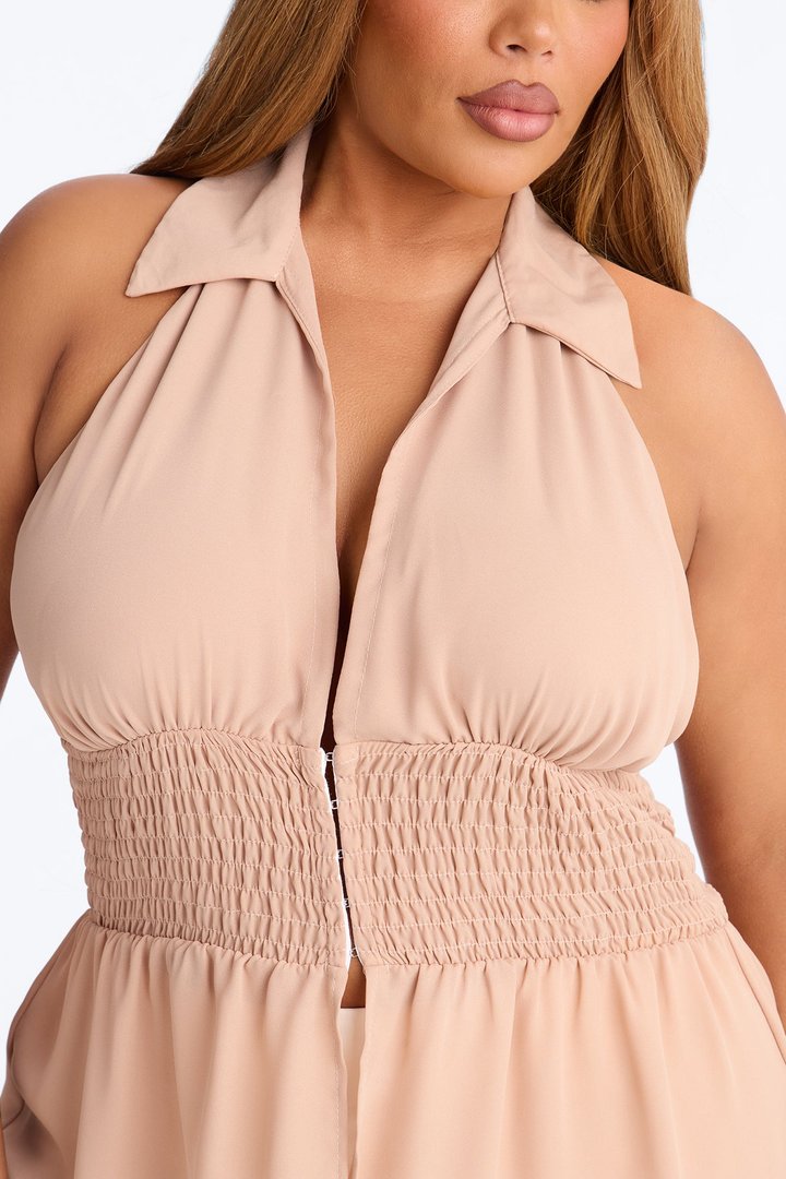 Shantel Backless Smocked Halter Top - Taupe