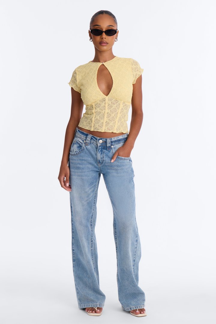 Annie Cut Out Lace Short Sleeve Top - Butter Yellow