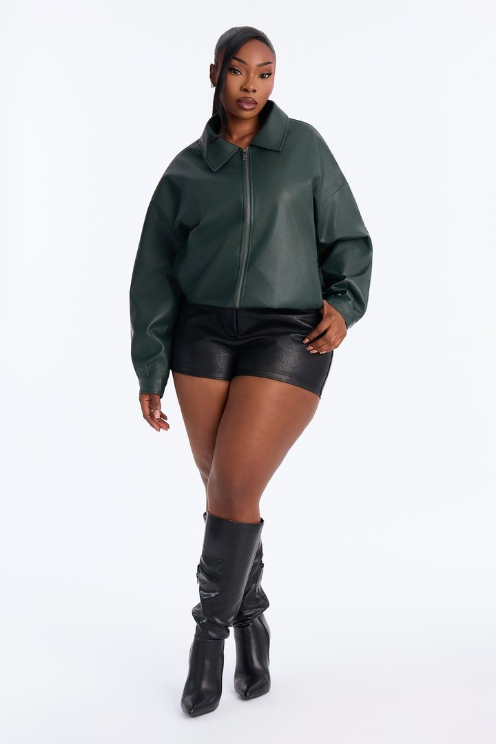 Hustle Mode Oversized Faux Leather Jacket - Hunter