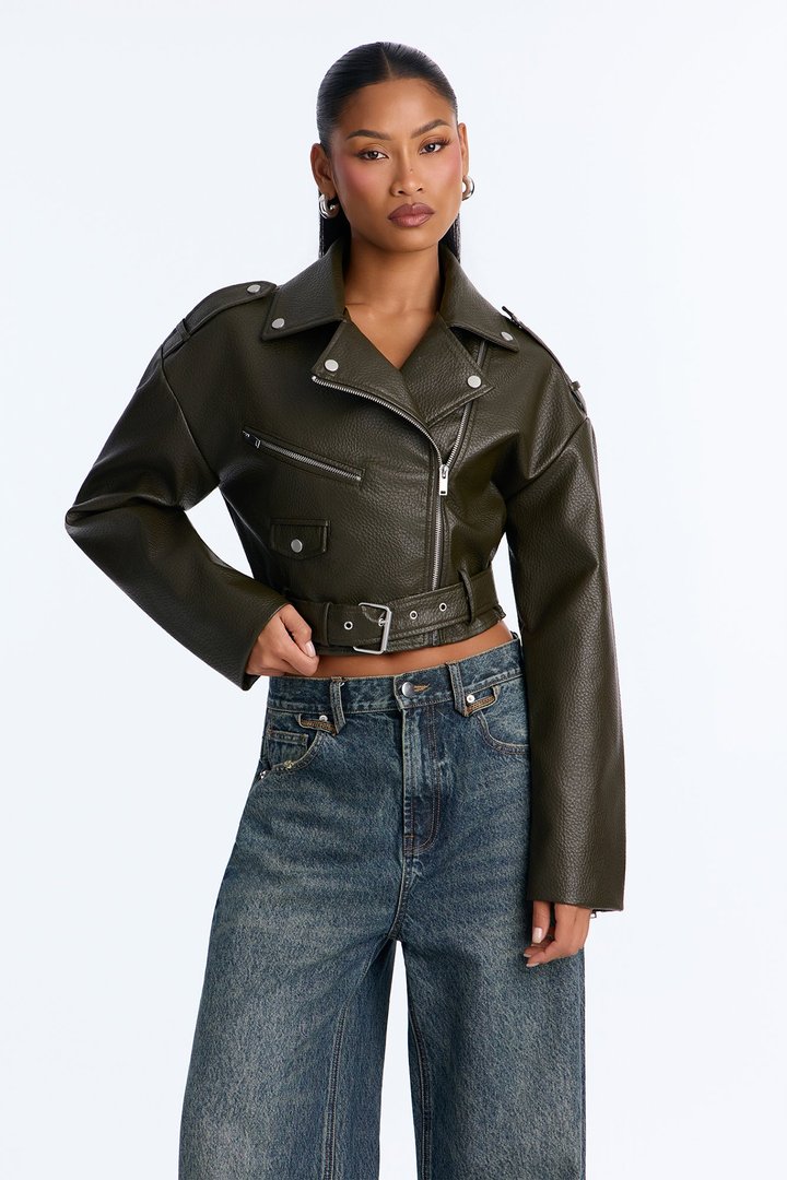 Roxie Faux Leather Jacket - Olive
