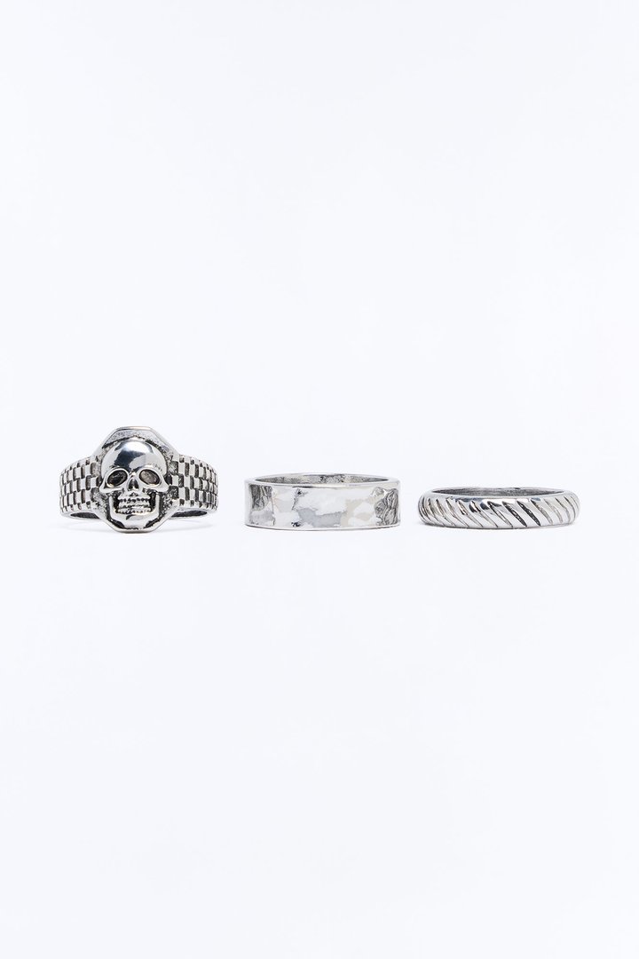 Hammered Skull Ring Set - Silver