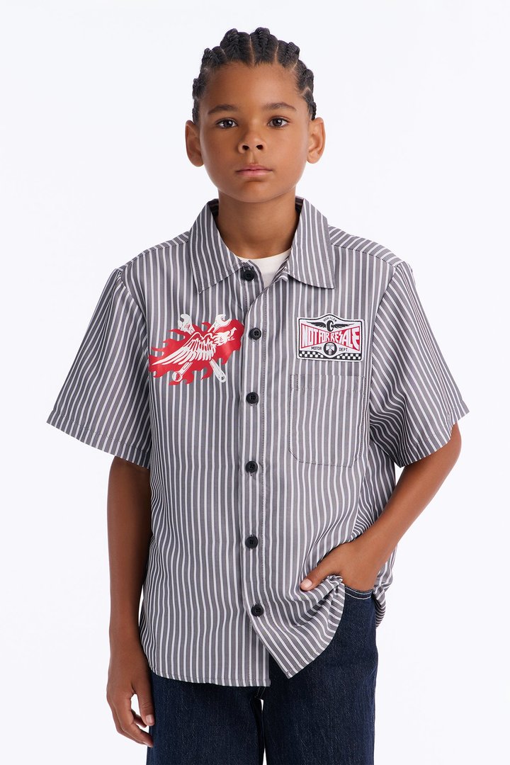 Mini Cropped No Questions Asked Striped Button Up Shirt - Black