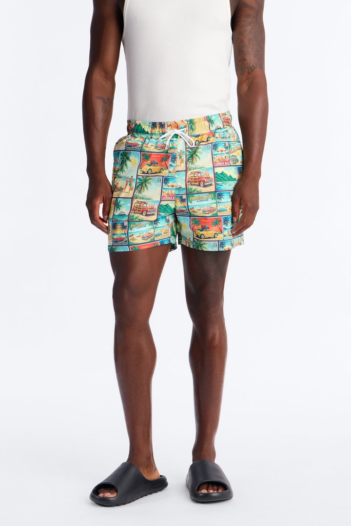 Send Me A Postcard Swim Trunk 4″ - Multi Color