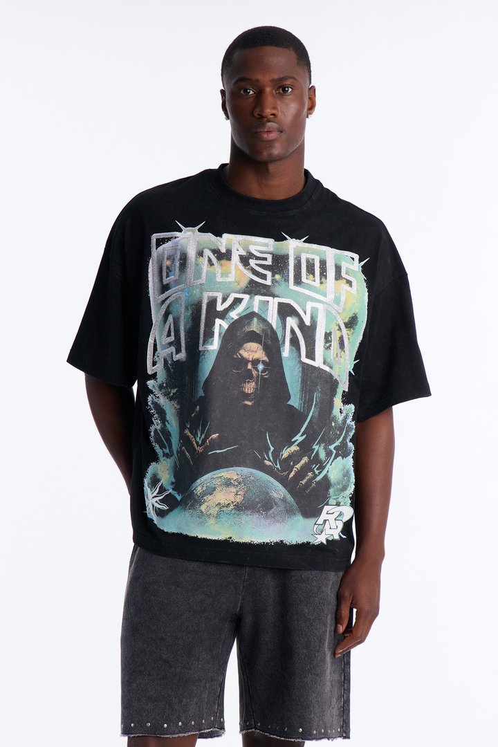All We Trust Is Us Chenille Heavy Weight Boxy Short Sleeve Tee - Black