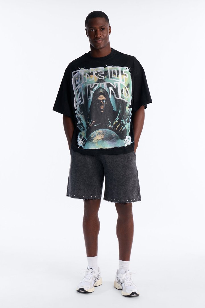 All We Trust Is Us Chenille Heavy Weight Boxy Short Sleeve Tee - Black
