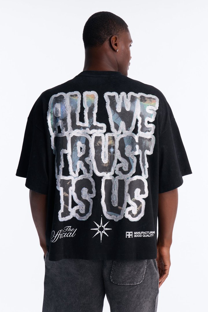 All We Trust Is Us Chenille Heavy Weight Boxy Short Sleeve Tee - Black