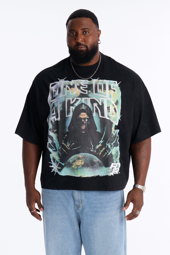 All We Trust Is Us Chenille Heavy Weight Boxy Short Sleeve Tee - Black