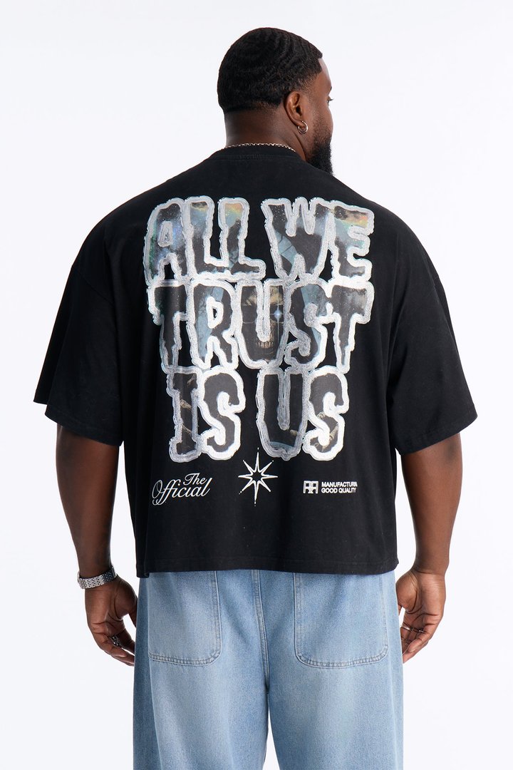 All We Trust Is Us Chenille Heavy Weight Boxy Short Sleeve Tee - Black