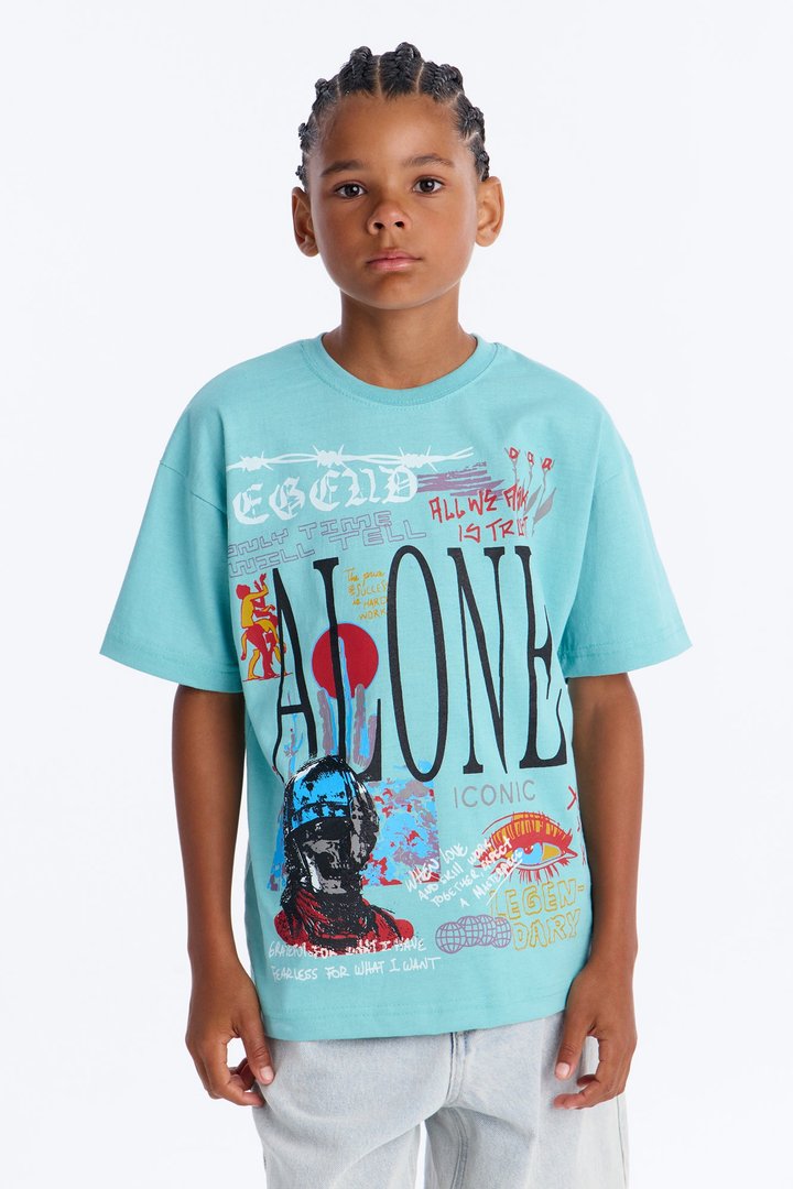 Mini Alone Embroidery Short Sleeve Tee - Blue