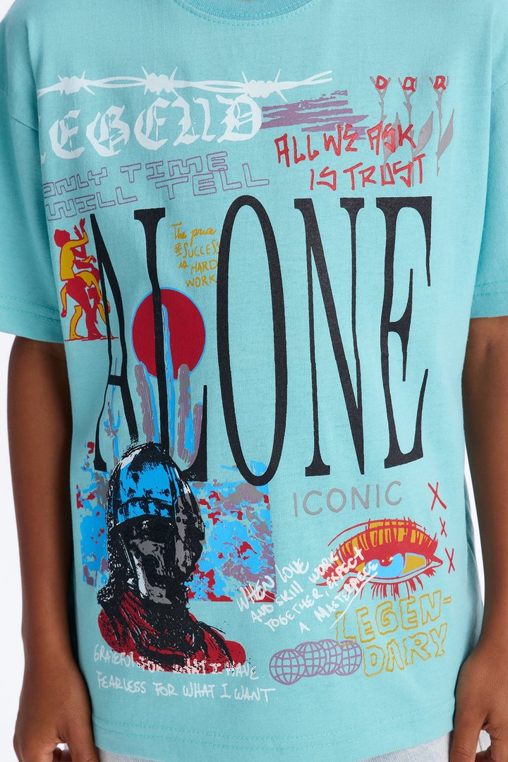 Mini Alone Embroidery Short Sleeve Tee - Blue