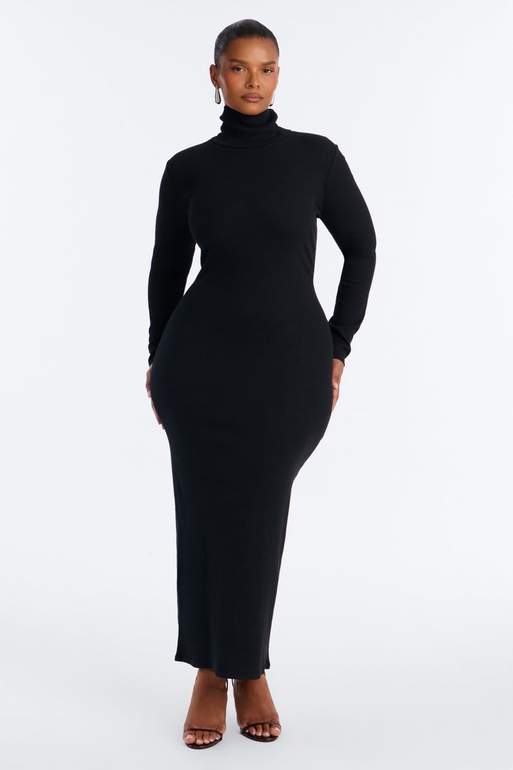 Alina Turtleneck Ribbed Midi Dress - Black